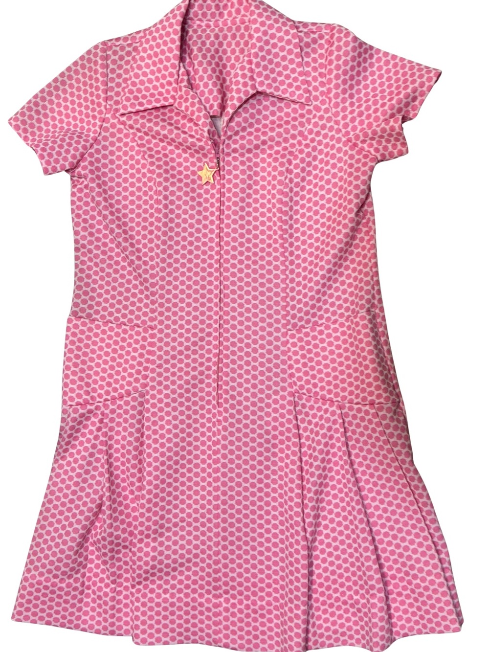 Women’s Vintage 60’s Pink Polka Dot Polyester Zip-Front Dress w/ Pockets